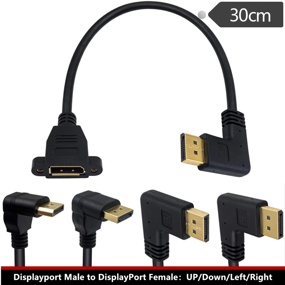 90 Degree Angle Elbow DisplayPort Panel Mount Extension Cable Adapter Corner DP 1.2v Male to Female Cord Socket Screw 2k@144Hz