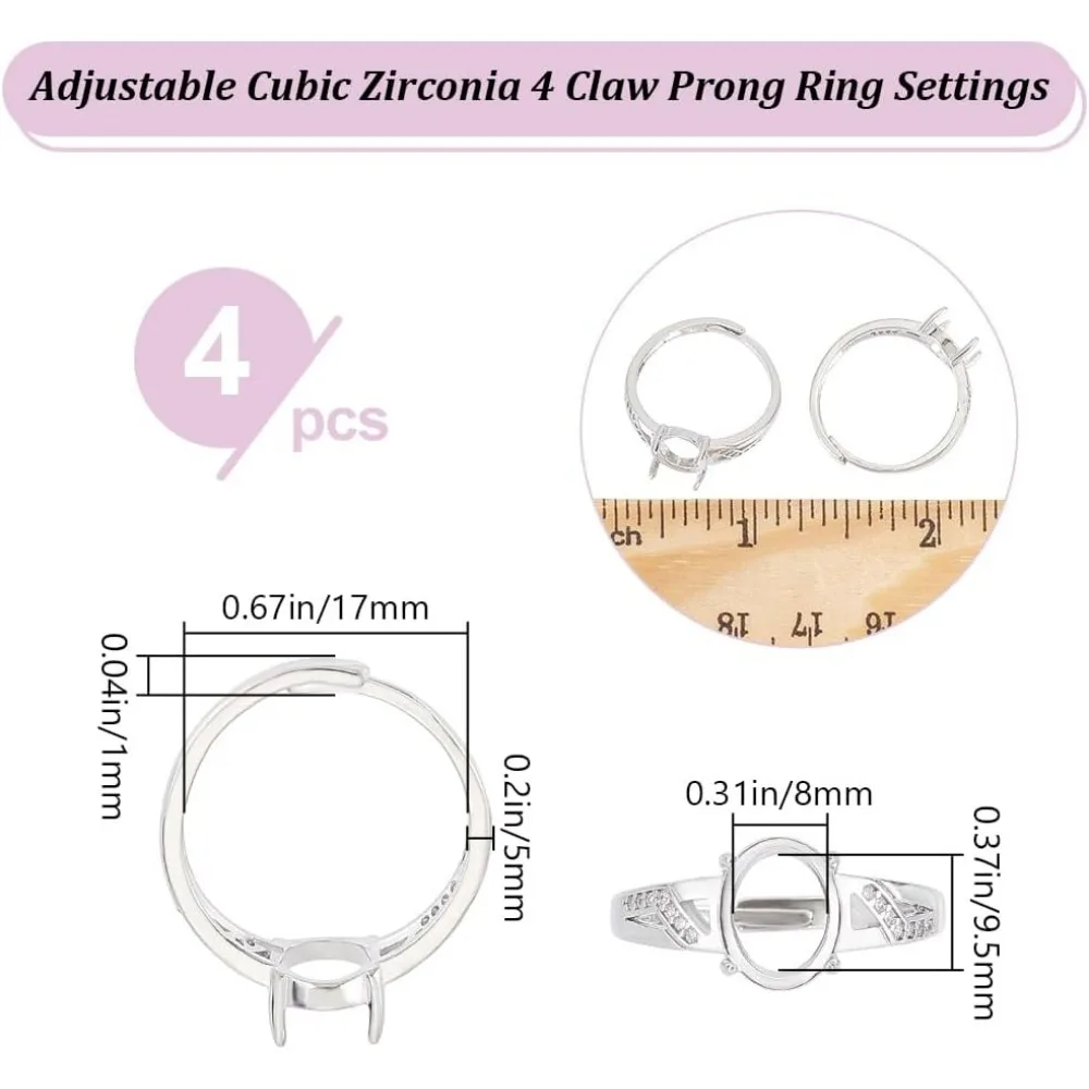 4Pcs Prong Ring Settings Adjustable 4 Claw Ring Blanks Finger 9.5x8mm Tray Ring Components for Jewellery making kit