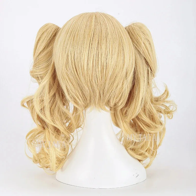 Peluca de Cosplay Quinn de alta calidad, mezcla rubia dorada corta rizada con Clip, coletas, pelucas de pelo sintético resistentes al calor + gorro de peluca