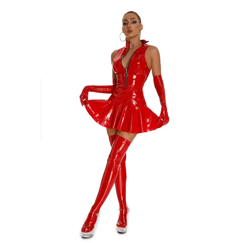 New Wetlook Leather Dress Plus Size Women Sexy Shiny PVC Latex Mini Skirt With Gloves And Stocking Pole Dance Raves Party Outfit