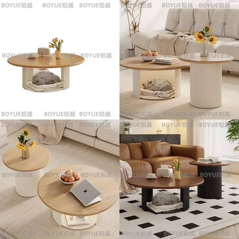 for French Cream Style Oval Solid Wood Coffee Table with Cat Scratch Resistant Fabric Storage and Thickened Rock Slab Top for