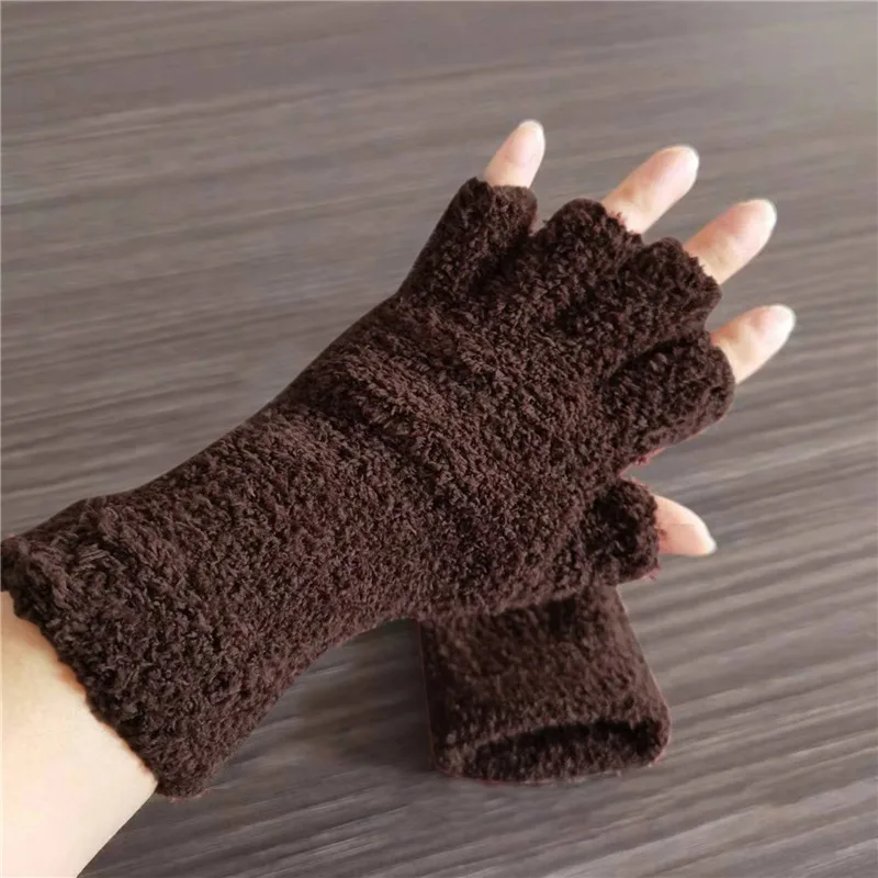 Women Coral Fleece Half Finger Gloves Solid Color Touchscreen Thicken Plush Fingerless Mittens Winter Warm Writing Accessory