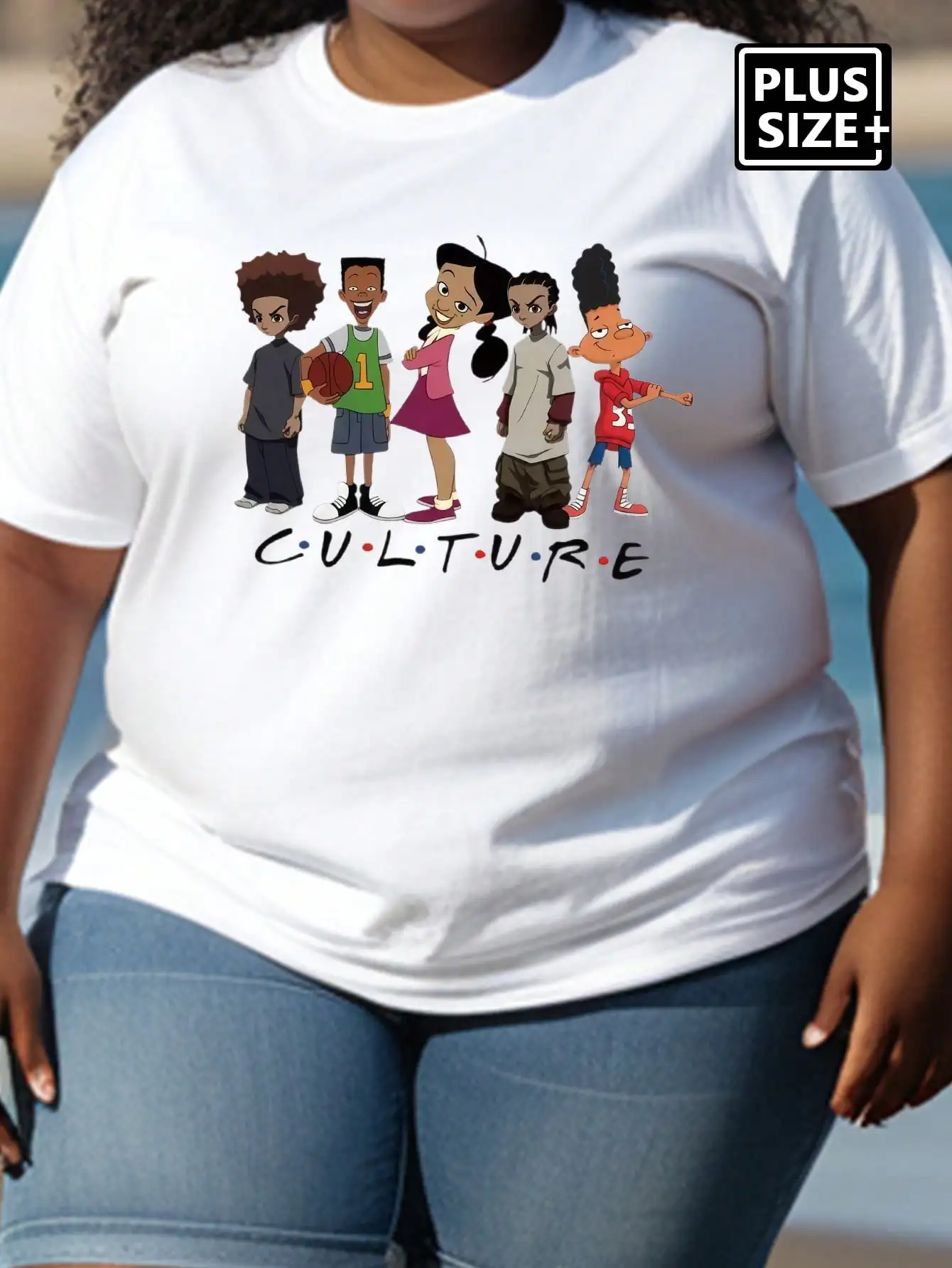 T-shirt da donna taglie forti con stampa culturale a fumetti, top casual a maniche corte con design grafico digitale