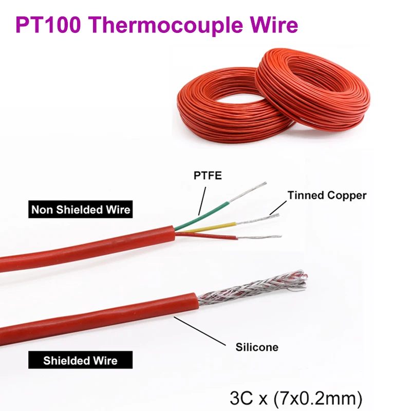 

1/5/10m Red PT100 Thermocouple Wire 3 Cores Silicone PTFE Insulated Tinned Copper Stainless Steel Shielded Compensation Cable