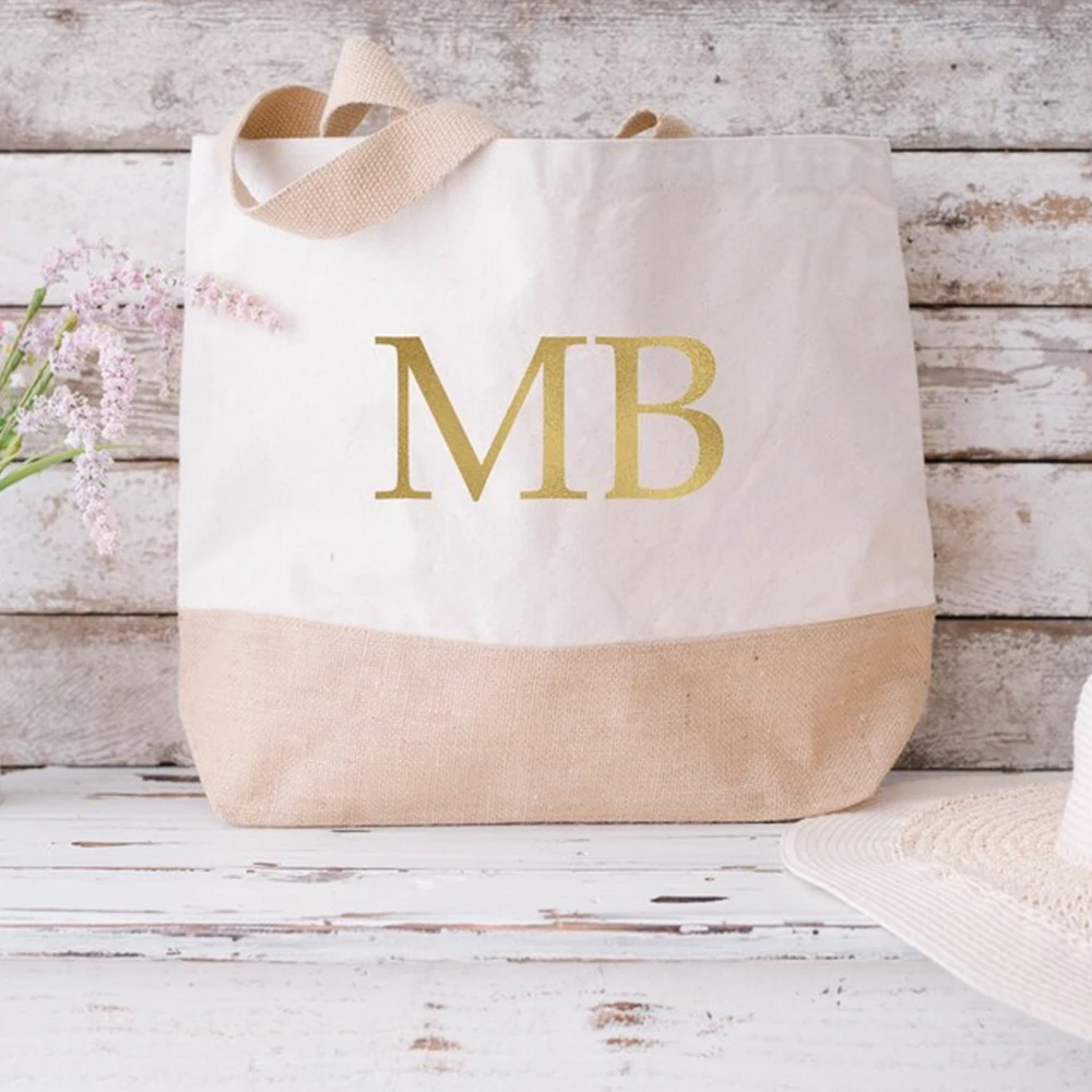 Custom Linen Tote Bag, Personalized Bridesmaid Gifts Beach Bag, Bridal Shower Favors Organizer Bag, Teacher Monogrammed Bags