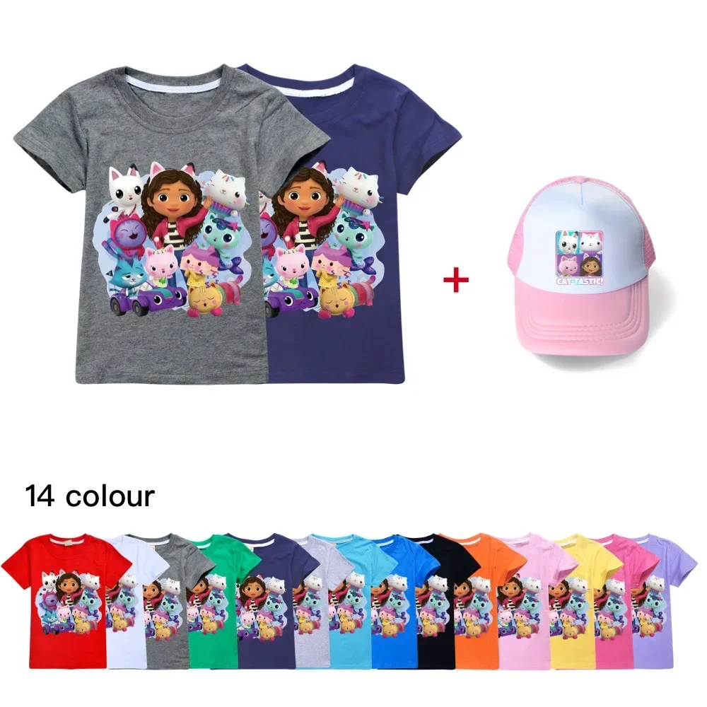 

Summer Boys Girls Baby Tops Children Gabbys Dollhouse Short Sleeve T-Shirt Cartoon Casual Tees+hat Gabby Cats Kids Clothes