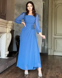 Women Evening Dresses Long Sleeves Square Prom Dresses Beadings Pleated Sequins Ankle Length Formal Occasion Party Dress