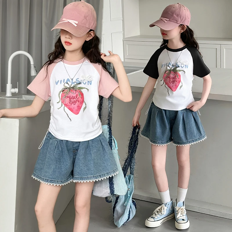 

Girls Clothes Set Teen Girls 2-Pcs Suits T-Shirt + Denim Shorts Sets Sweetheart Suits With Drawing Toddle Casual Sets Size 4-14Y