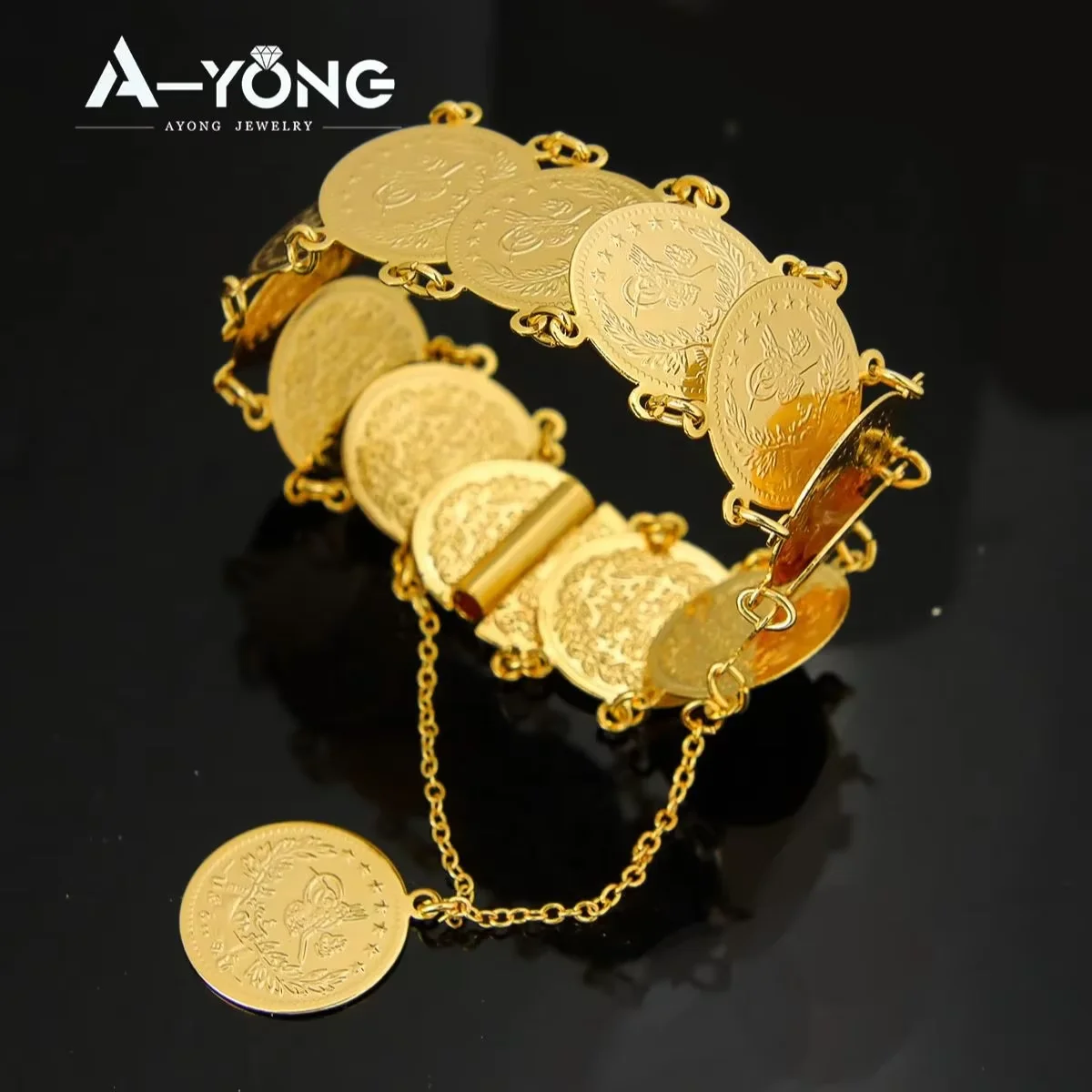 Turkish Coins Bracelet 21k Gold Plated Luxury Saudi Punk Wrap Bangles Arab Dubai Women Wedding Engagement Party Jewelry