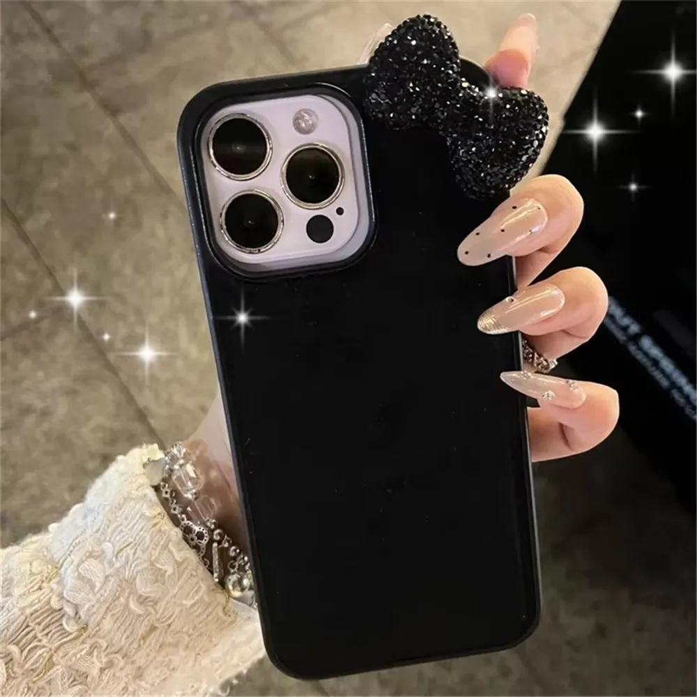 Glitter 3D Bowknot Diamand Case For iPhone 16 15 13 12 14 11 Pro Max Plus Mini X XR Korean Girl Cute Soft Cover Ins Black Shell