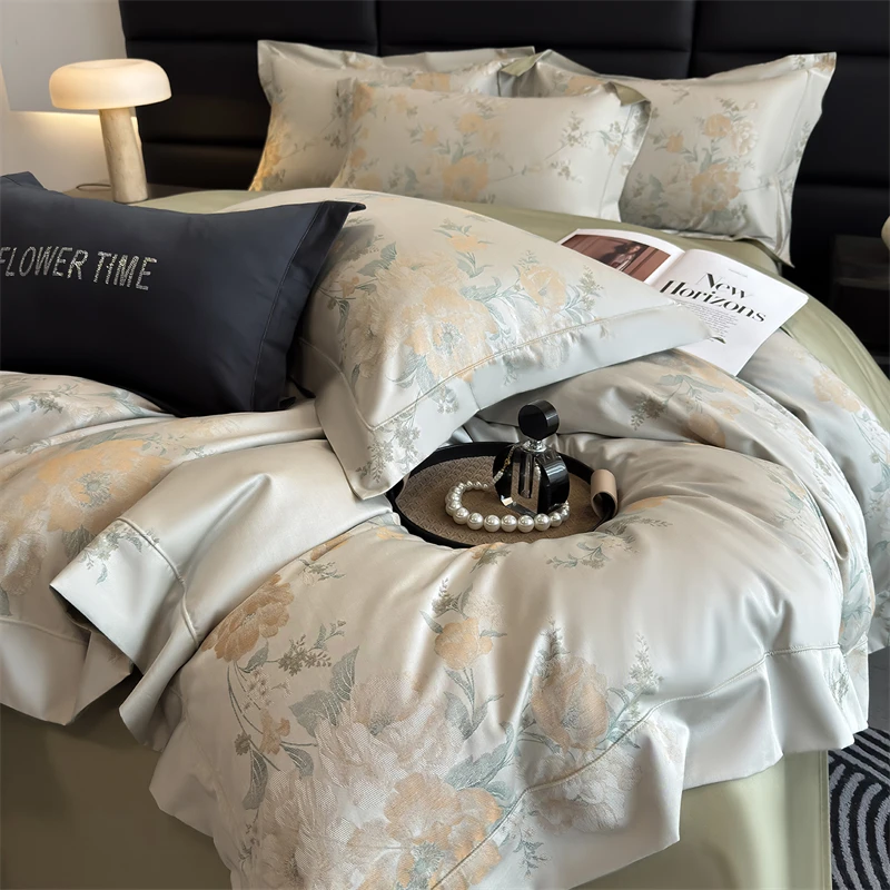 Flowers Yarn-dyed Jacquard Luxury Bedding Set 1000TC Lyocell Cotton Soft Silky Duvet Cover Flat/Fitted Sheet Pillowcases 4Pcs