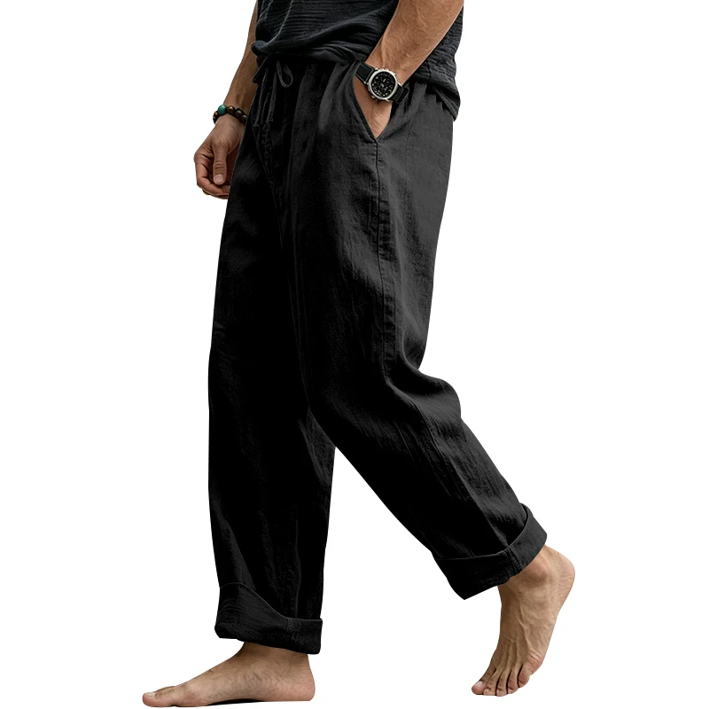 Sommerliche Herren-Leinenhose, Lässige Hawaiian-Hose mit Elastischem Kordelzug, Atmungsaktive Gerade Lange Hose mit Taschen für Alltag und Zuhause – Detail 14