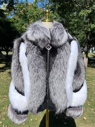 Silver Short Fox Fur Jacket With Collar Women Luxury Long Sleeves Plus Size Vest Female Genuine Thick Red Fox Fur Coat Winter