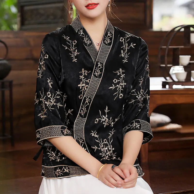 2024 hanfu women's improved short women's wear chinese style oblique front lacing lady embroidery ethnic style tangsuits top