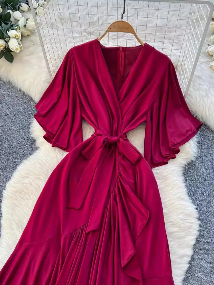 ربيع الخريف المرأة بورجوندي فستان ماكسي الخامس الرقبة التفاف الجبهة كم طويل أنيق فستان حفلة بوهو عادية كشكش رداء طويل جديد 2026 #4