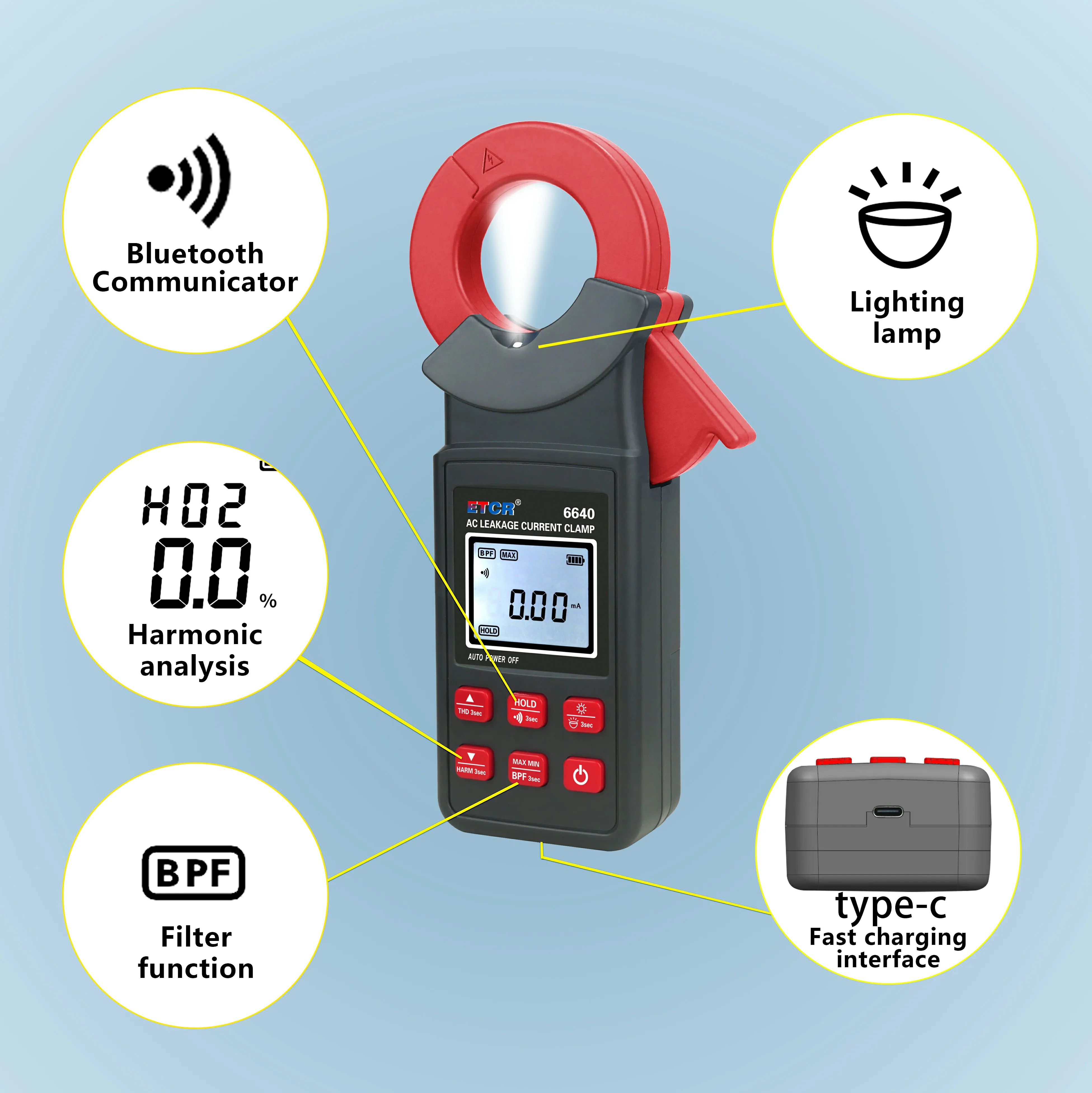 6640A Digital Leakage Detector True RMS 0.1mA Resolution Auto-Range NCV with Data Hold