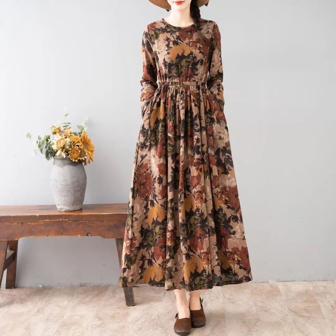 여성용 중간 길이 꽃무늬 프린트 긴 소매 라운드 칼라 캐주얼 통근 가을 시즌 패션 숙녀 드레스 우아한 TS724