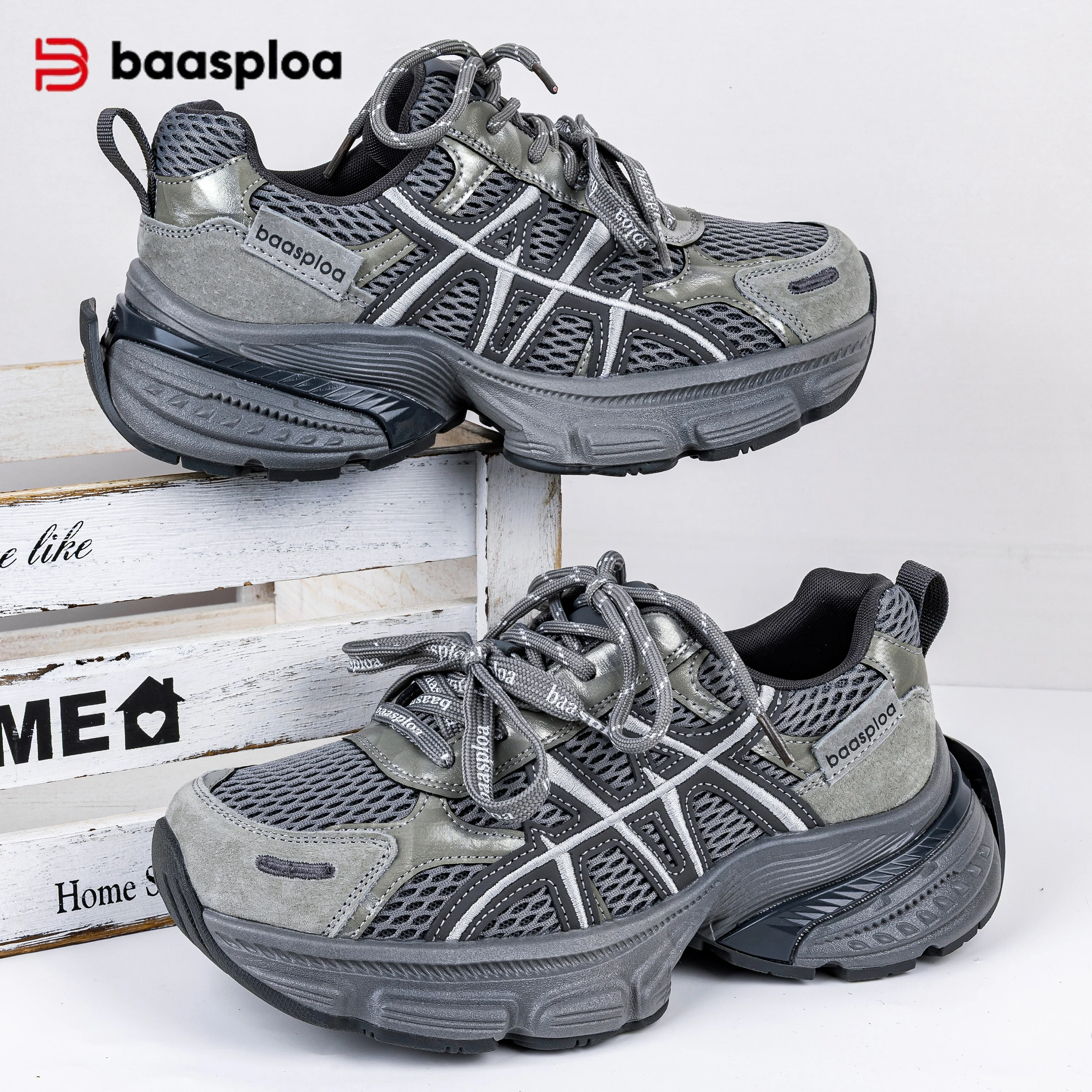 

Baasploa Women Chunky Sneakers Mesh Breathable Retro Sport Shoes Women Fashion Height Increase Casual Sneakers Platform Non-Slip