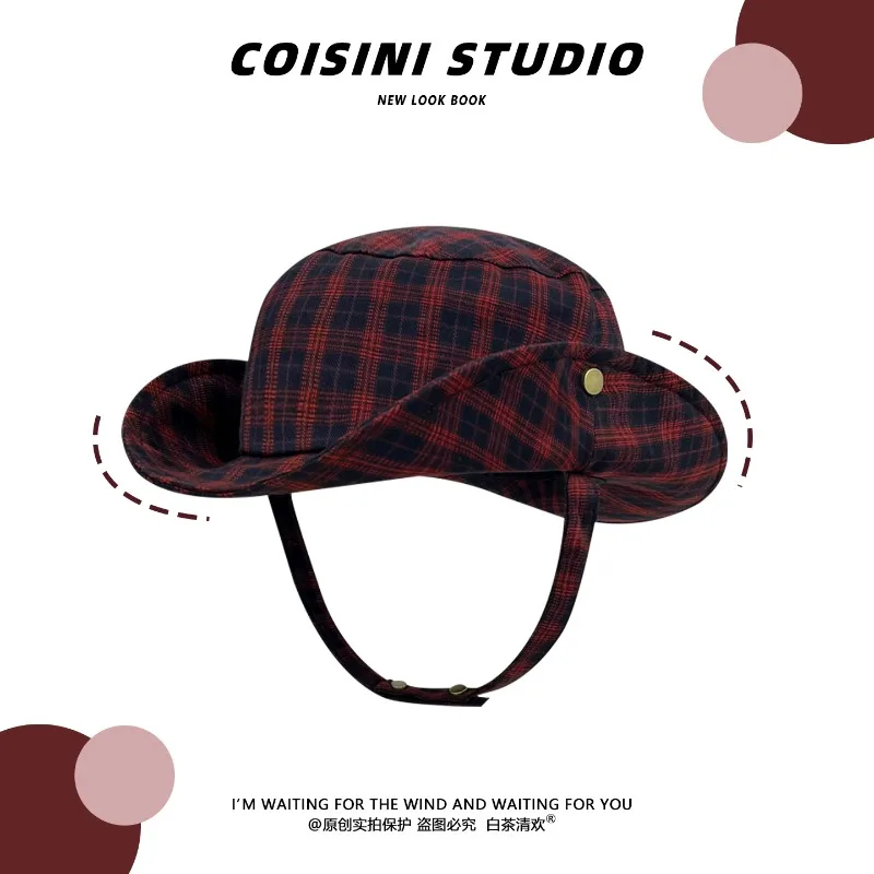 Niche Contrast Plaid Snap Strap Bucket Hats for Women Summer Autumn Travel Sun Protection Versatile Casual Literary Men's Cap