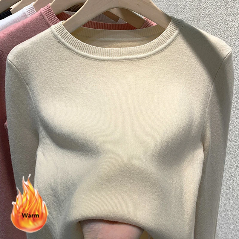 Women Winter Long Sleeve Sweater Plus Velvet Round Neck Knitwear Pullover All-Match Solid Soft Knitted Top Warm Casual Sueter