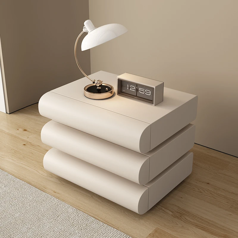

Cream-Tone Upholstered Bedside Table French Inspired Round Corner Cabinet with 3-Drawer Storage