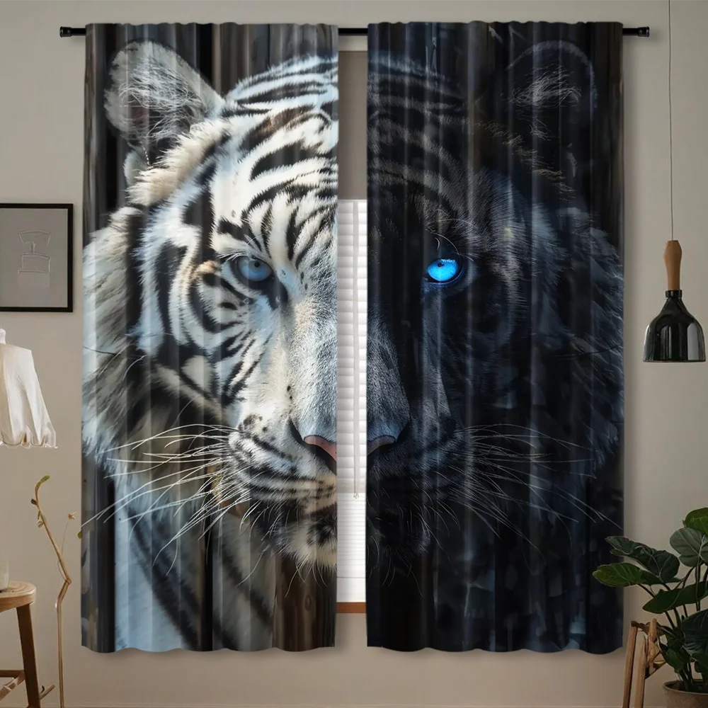 Two Sides White Black Tiger Curtain 2 Panels Glowing Blue Eyes Wildlife Close Up Inn Room Curtain Stylish Man Bedroom Home Decor