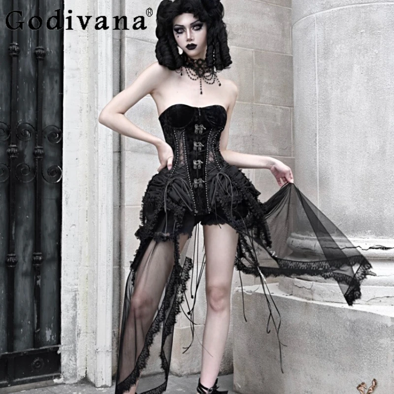 

Gothic Female Black Strap Birdcage Corset Retro Set Velvet Long Sleeve Cape with Mesh Skirt Outfits Women Halloween Set