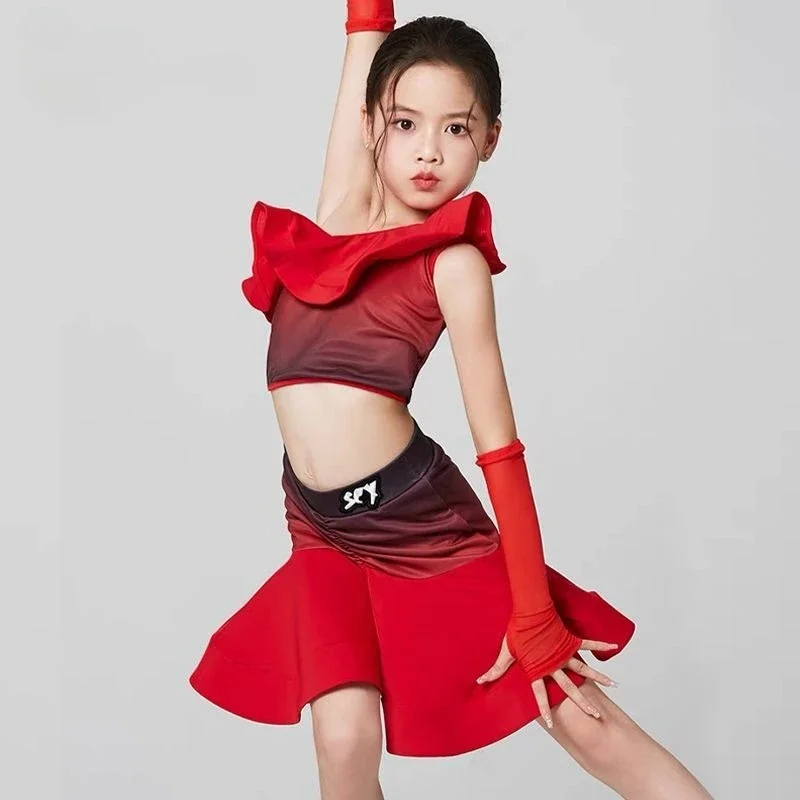 Kind Latin Dans Jurk Set Kostuum voor Meisjes Rode Rok Tango Cha Cha Samba Kleding Training Competitie 2025, Nieuwe Zomer