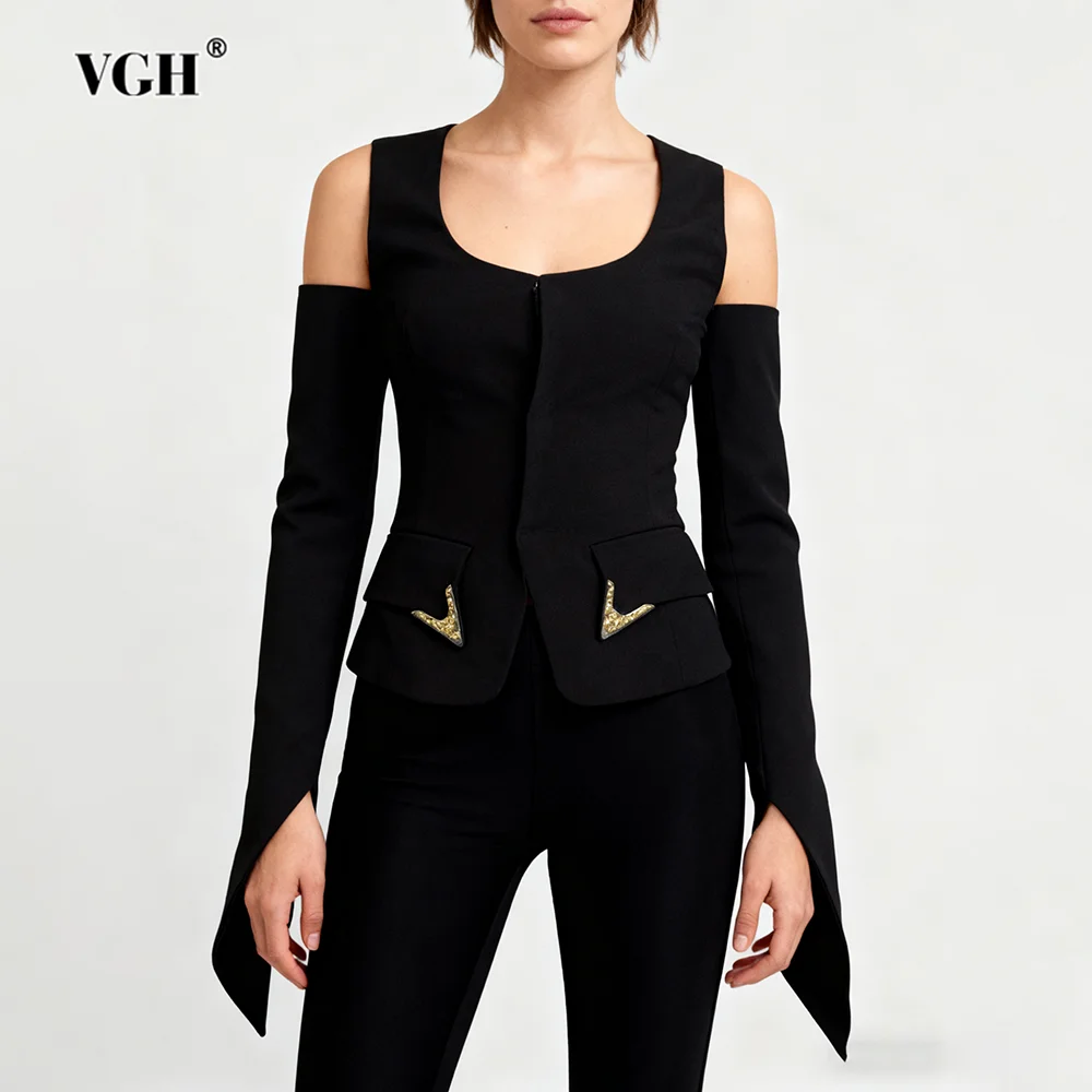 

VGH утягивающий лоскутный топ с пайетками для женщин, квадратный воротник, длинный рукав, с открытыми плечами, жилет на молнии, женское модное пальто