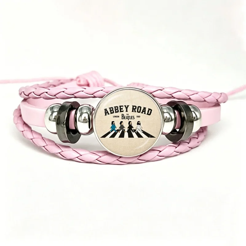 Rock Band The Beatles Pink Leather Bracelets Glass Dome Snap Button Bracelet & Bangles Fashion Women Jewelry