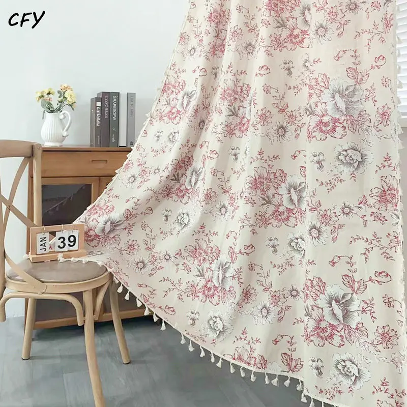 

Cotton Linen American Red Rose Window Curtain with Tassels Blackout Valance for The Luxury Living Room Curtains for Living Room