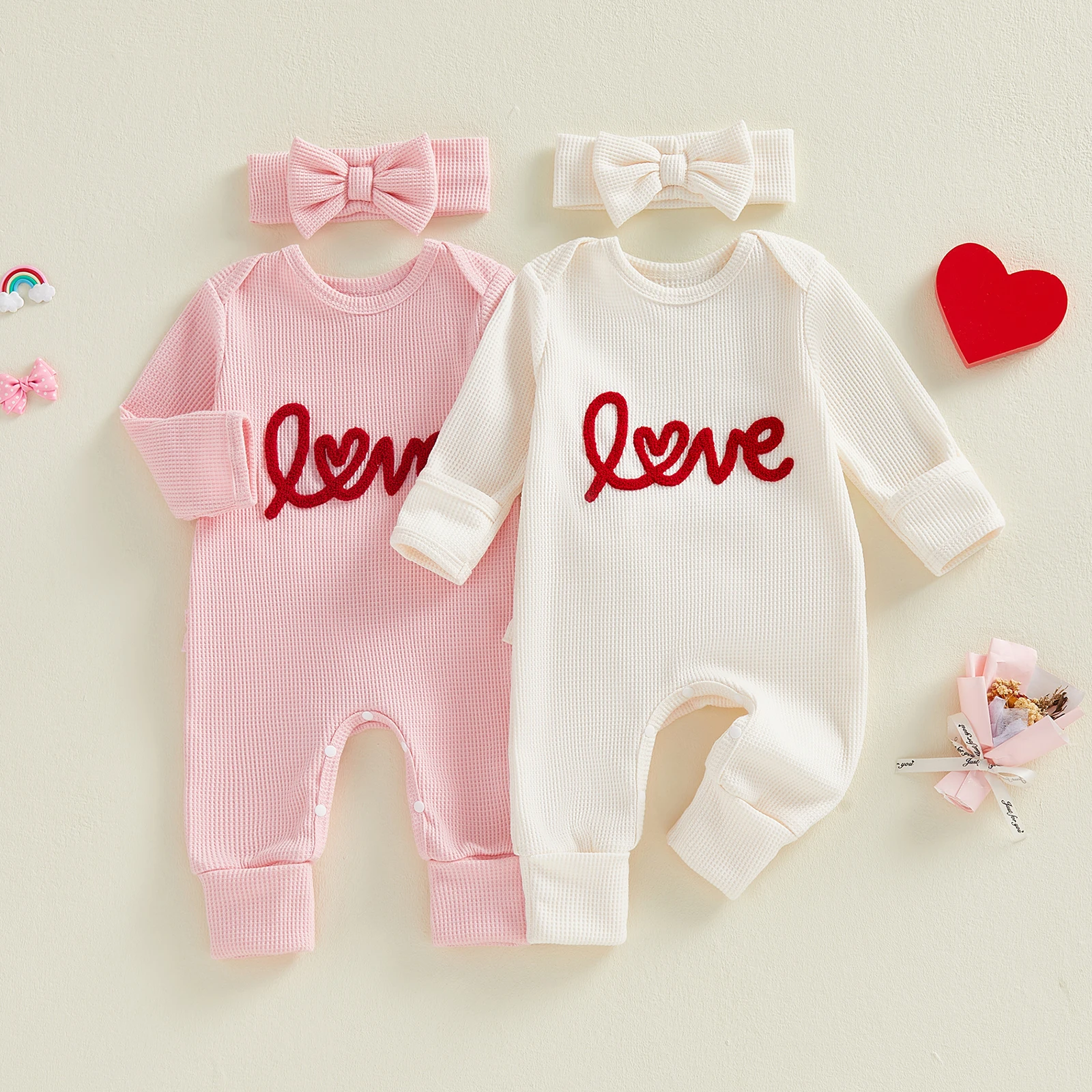 Spring Valentine's Day Infant Baby Girls Bodysuit Waffled Letter Embroidery Long Sleeve Jumpsuit Bow Headband Clothes