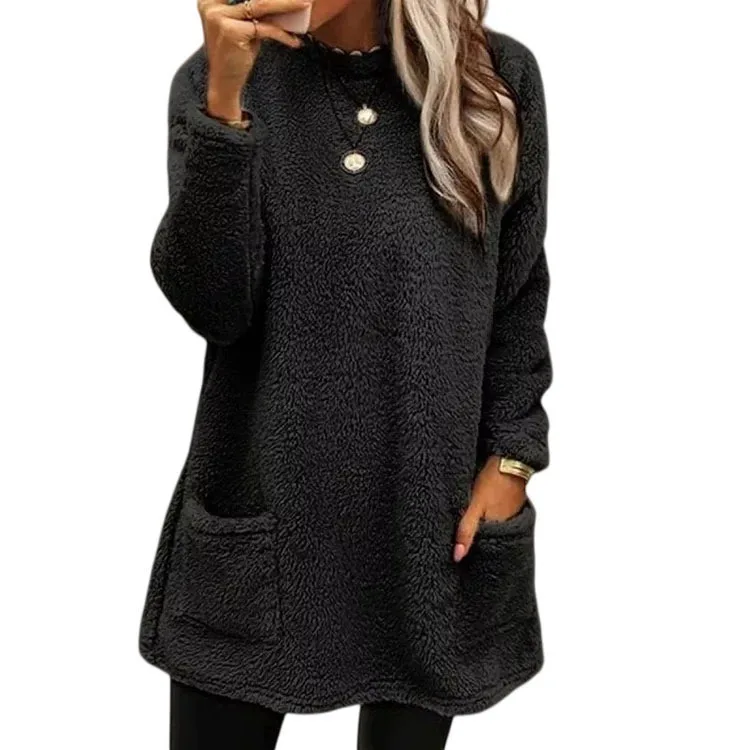 

New Women's Clothing Long-sleeved Pockets Plush Sweater T-shirt Top 2025 Europe and America
