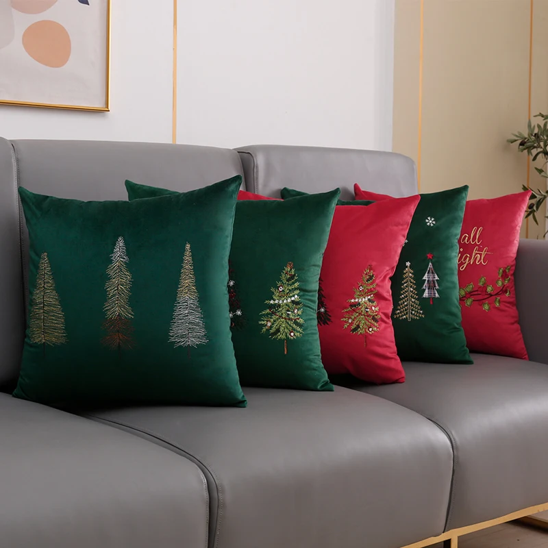 Funda de cojín de decoración navideña, 45x45cm, 30x50cm, árbol de Navidad, copo de nieve, bordado, funda de almohada cuadrada roja y verde