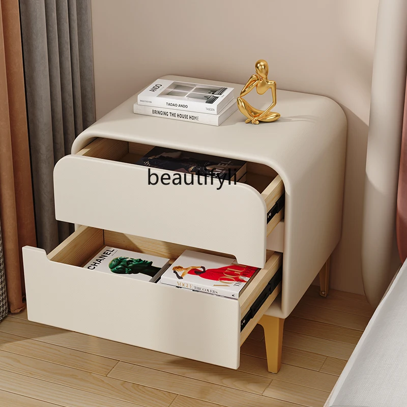 Cream Style Household Stone Plate Bedside Table Leather Pole Bedroom Bedside Storage Locker