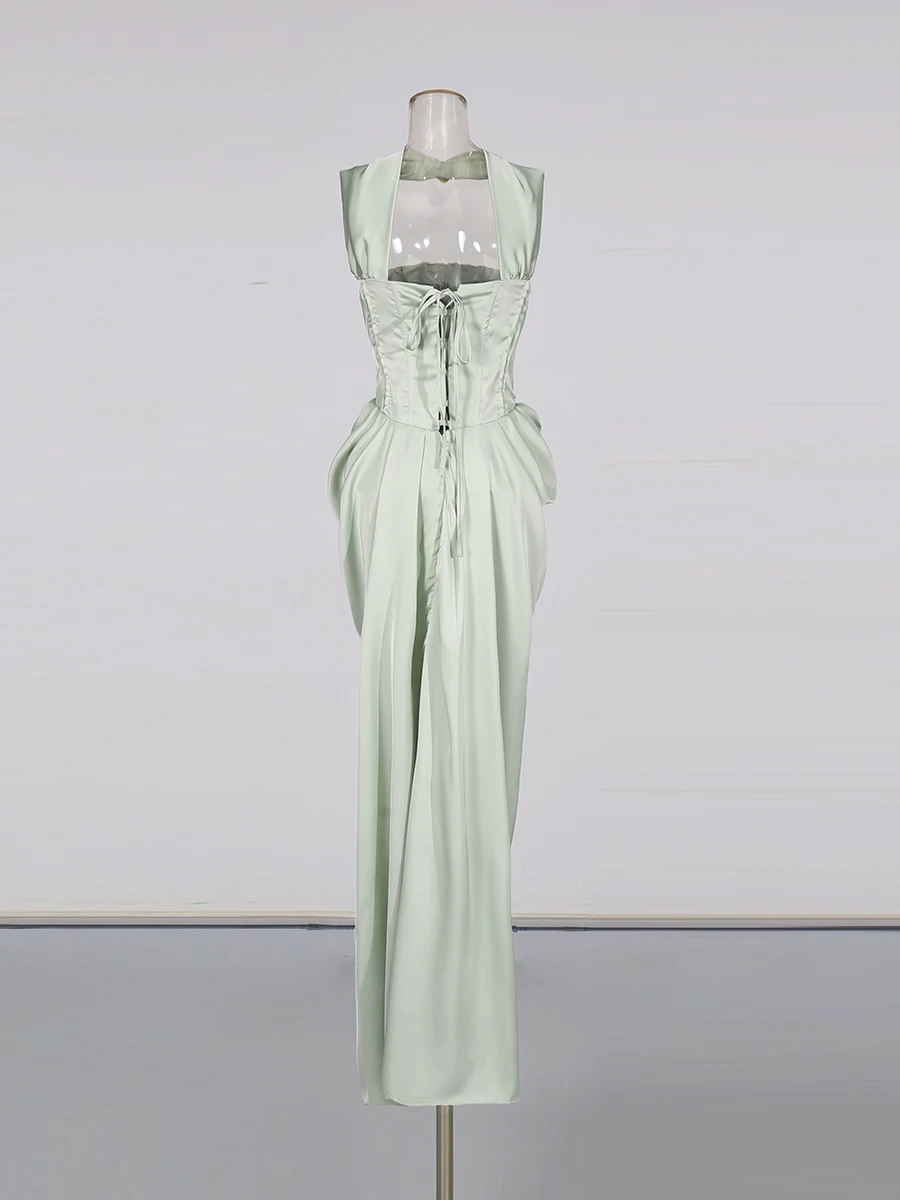 TWOTWINSTYLE Evening Prom Bodycon Maxi Dresses for Women Strapless Sleeveless High Waist Patchwork Ribbon Dress Female New Style