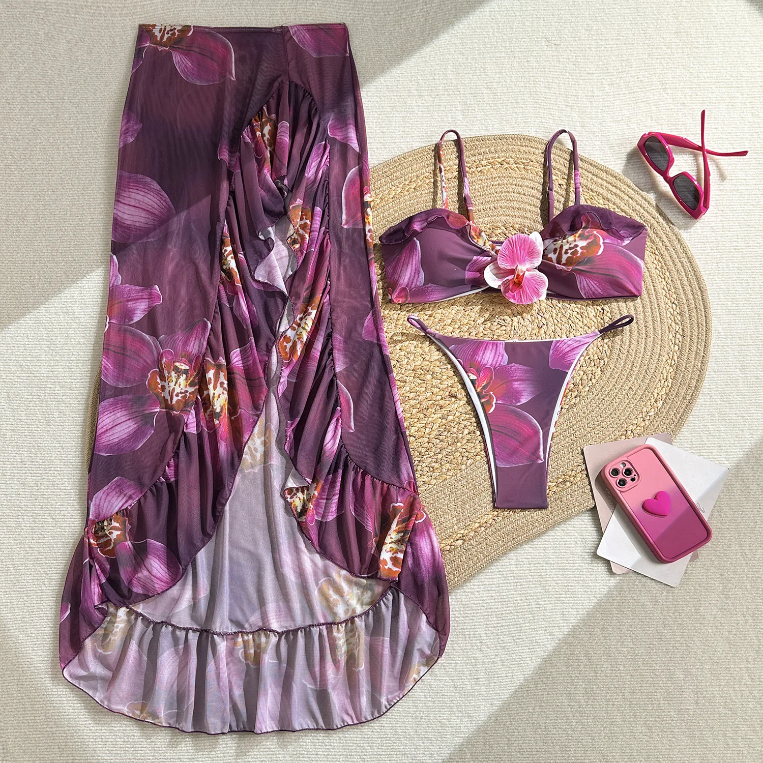 2026 3 Pcs Purple Floral Bikini Swimsuit Women 3D Flower Bathing Suit Ruffle Long Mesh Sarong Cover‑Up Brazilian Beach Swimwear