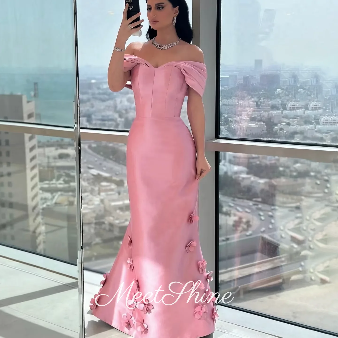 

Elegant 3D Pink Flower Stain Off Shoulder Evening Party Gowns Floor Length Prom Dress Customized Women Formal Occasion Dress