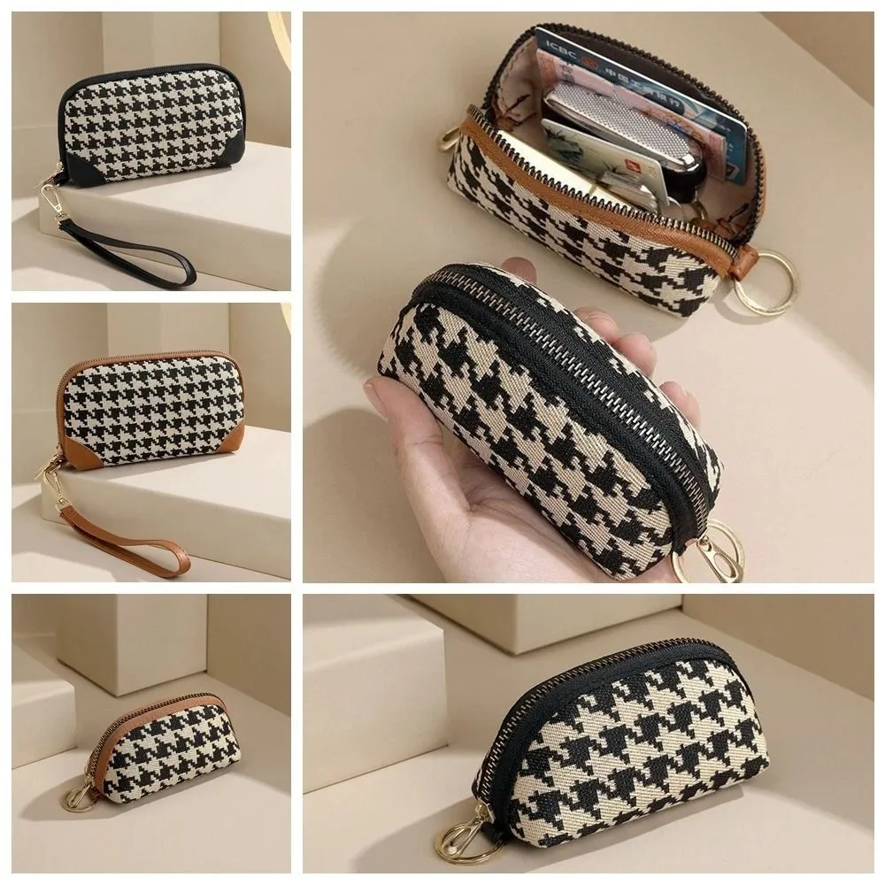 Simple Pu Leather Long Style Wallet Car Key Bag Printing Houndstooth Zipper Purse Canvas Coin Purse Square Change Purse Outdoor