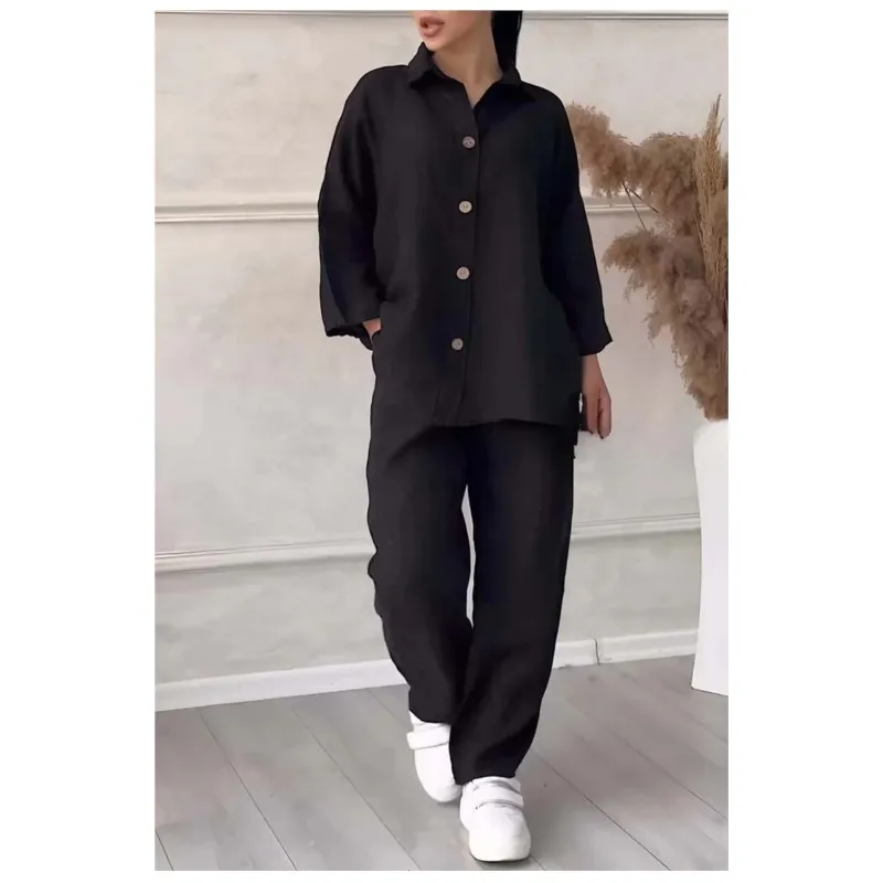 Primavera e autunno nuove donne 2 pezzi Set cotone canapa colletto manica lunga bottone aperto camicia allentata Top Set pantaloni larghi a vita alta