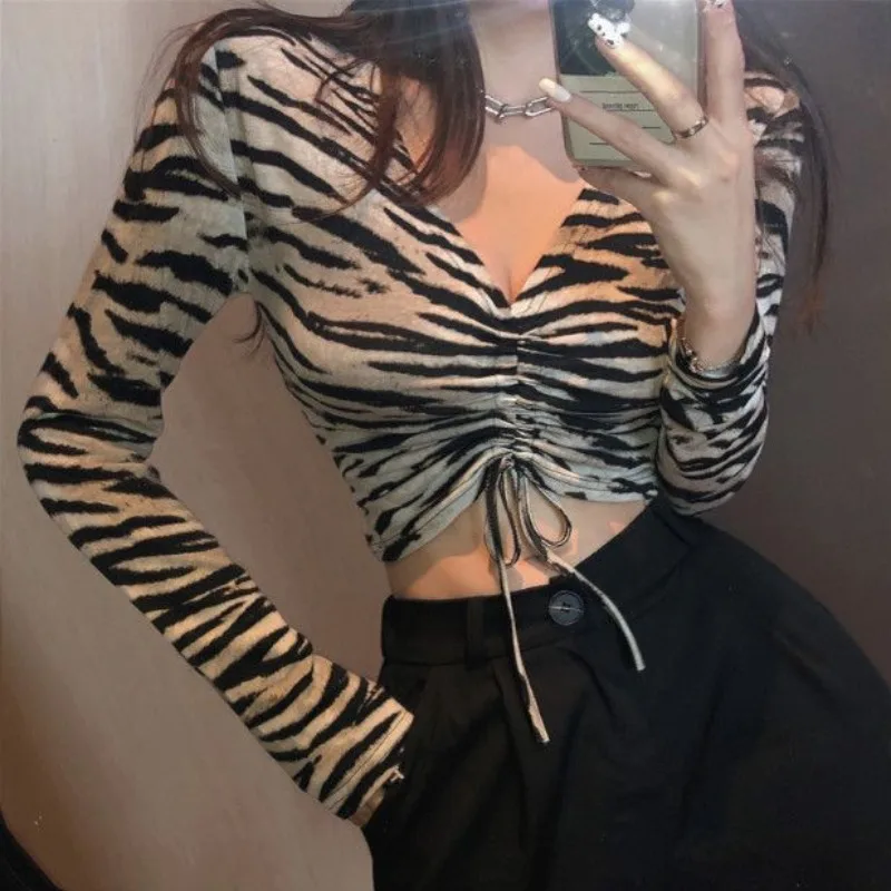 Y2K Ins Zebra pattern V-neck Drawstring tops female Self cultivation Long sleeved Short T-shirt autumn trend Popular Drawstring