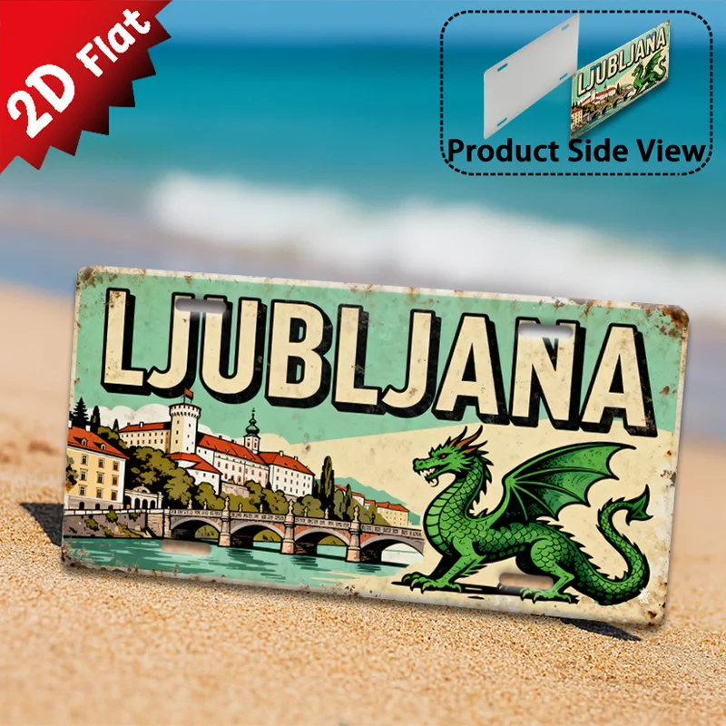 2D Flat,1pc Vintage Metal Sign, Decorative Only, Outdoor Plaque & Wall Decor, Ljubljana Dragon Bridge Landscape Aluminum Sign