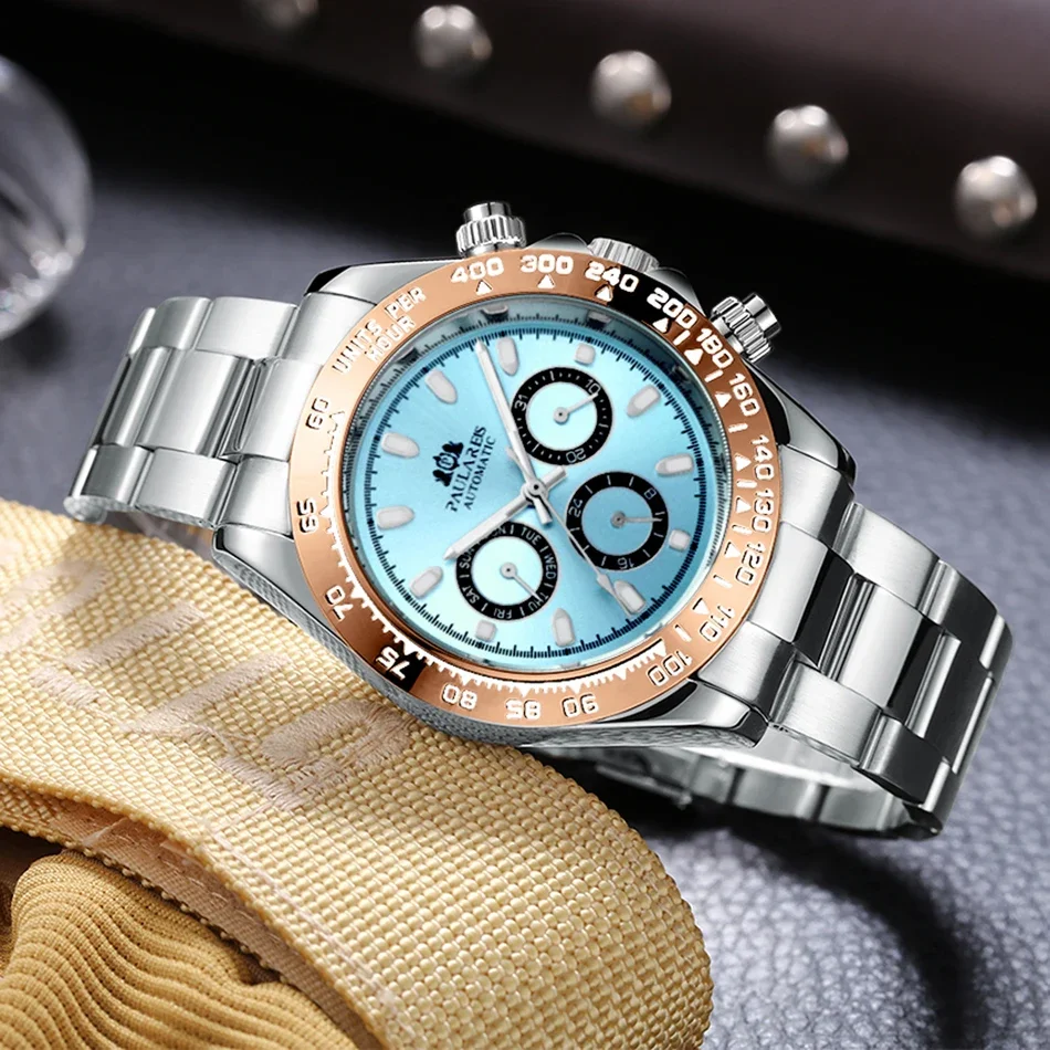 ساعة رجالية أوتوماتيكية ميكانيكية ذاتية الرياح من الفولاذ المقاوم للصدأ باللون الذهبي والجليدي باللون الأزرق الكستنائي والبني