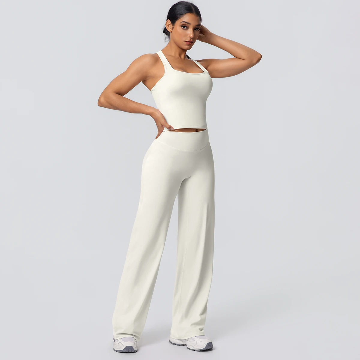 Frauen Sport Yoga Set Gym Schnell Trocknend Pfirsich Butt Yoga Hosen Einfarbig Schlank Schöne Zurück I-förmigen weste Yoga Set – Detail 27