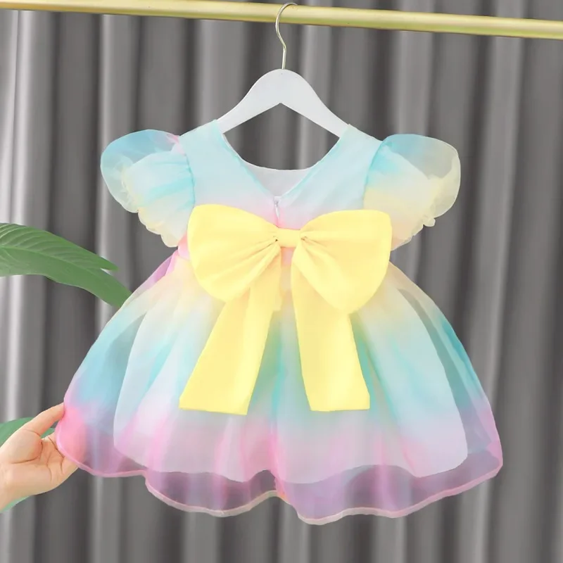 

HoneyCherry New Girls Bow Dress Summer Girls Short-sleeved Colorful Princess Dresses Flower Girl Dresses Girls Clothes