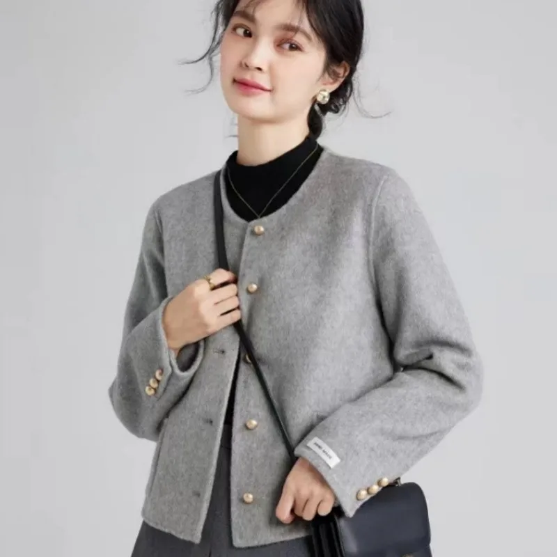 Short Tweed Jacket Women Fashion Simple Commuter Luxury Double-Sided Cashmere Wool Coat Female Round Collar Outewear Ladies 2731