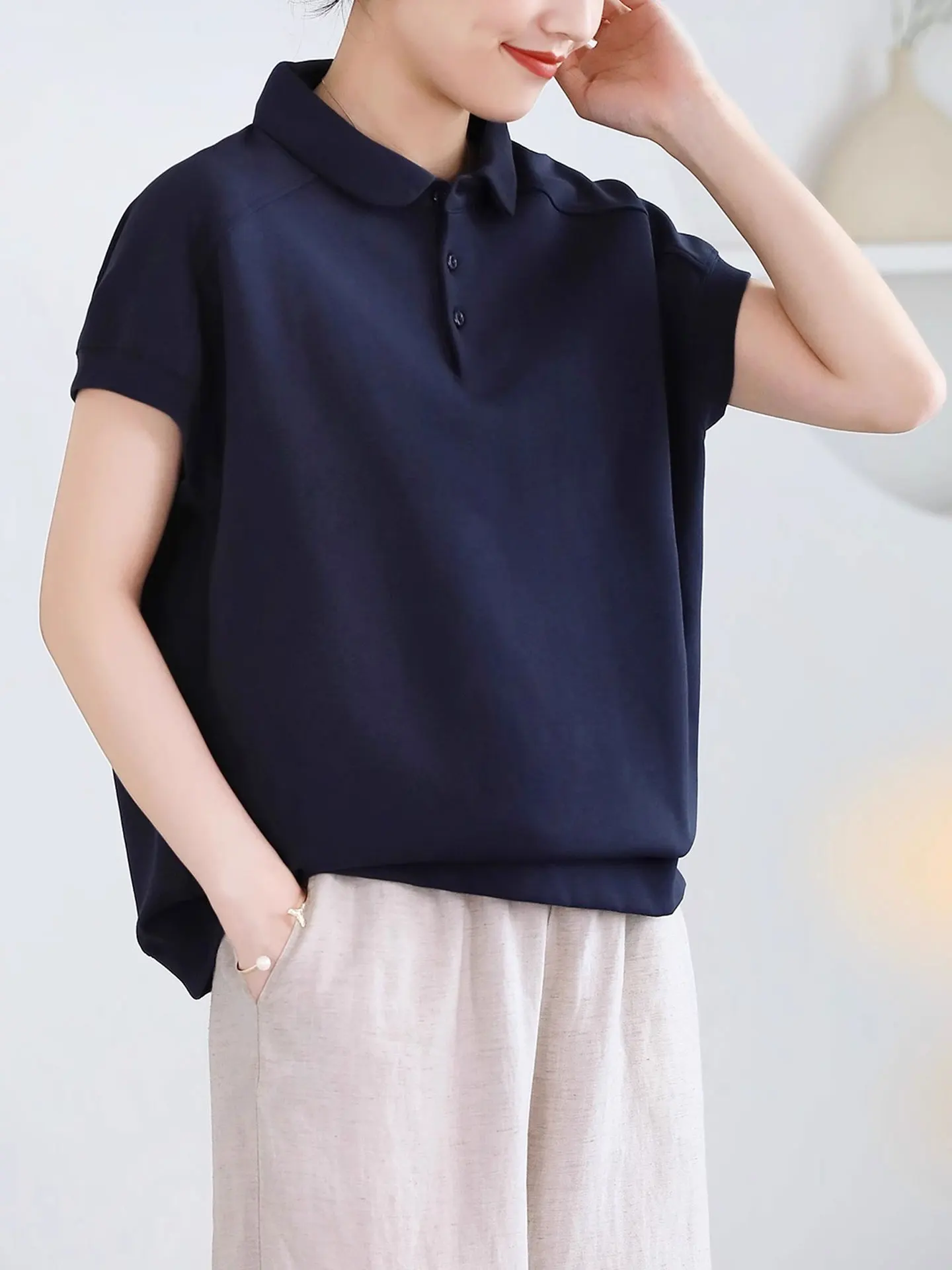 

Laid-ba Sle Casual Versatile Loose Pure Cotton T-irt Summer New Comfortable Collar ort Sve Women's Top