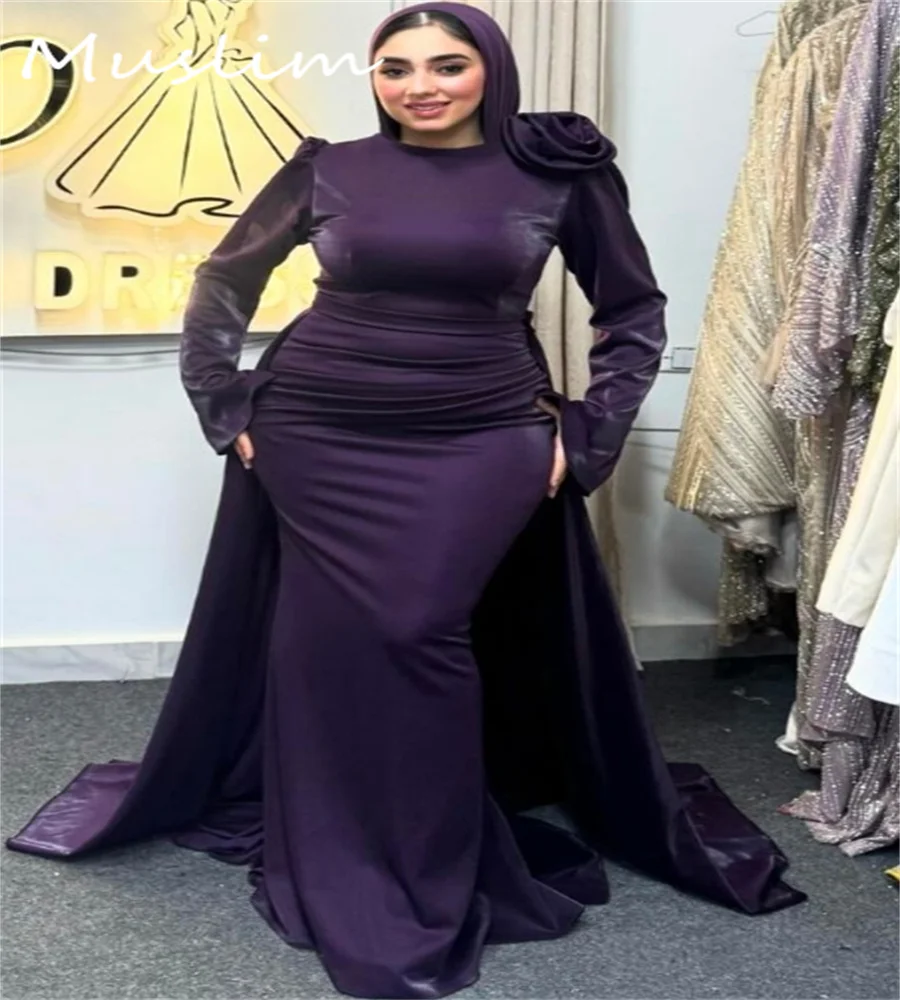 Elegante vestido de noite islâmico muçulmano com overskirt trem plus size sereia dubai abaya vestido de baile florais formal personalizado