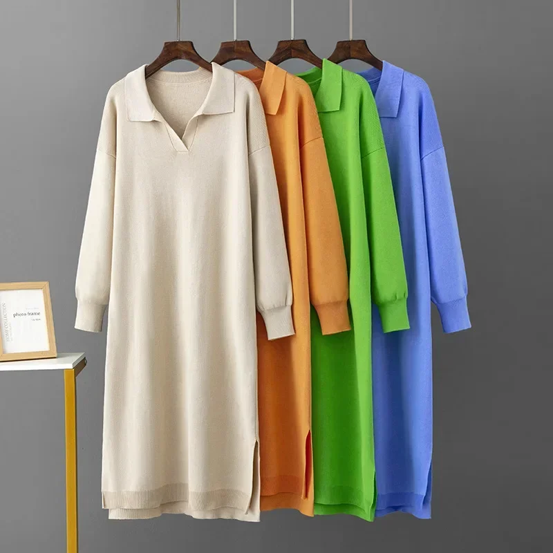 

New Straight Autumn Winter Long Sweater Dress Women Split Side Long POLO Neck Maix Sweater Dress Female Basic Loose Dress