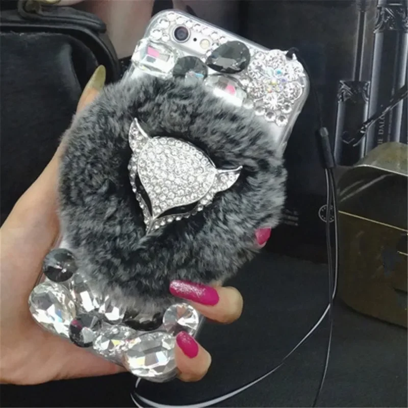 Luxury Bling Diamond Fox Head Warm Rabbit Fur Phone Cover for iphone 15 Plus 14 16 12 13 16Pro MAX XS XR 16PLUS phone Case
